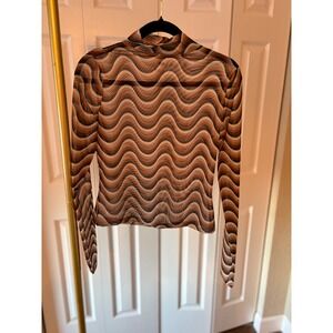 Womens Top Brown Wavy Psychedelic Mesh Mock Neck Long Sleeve Large